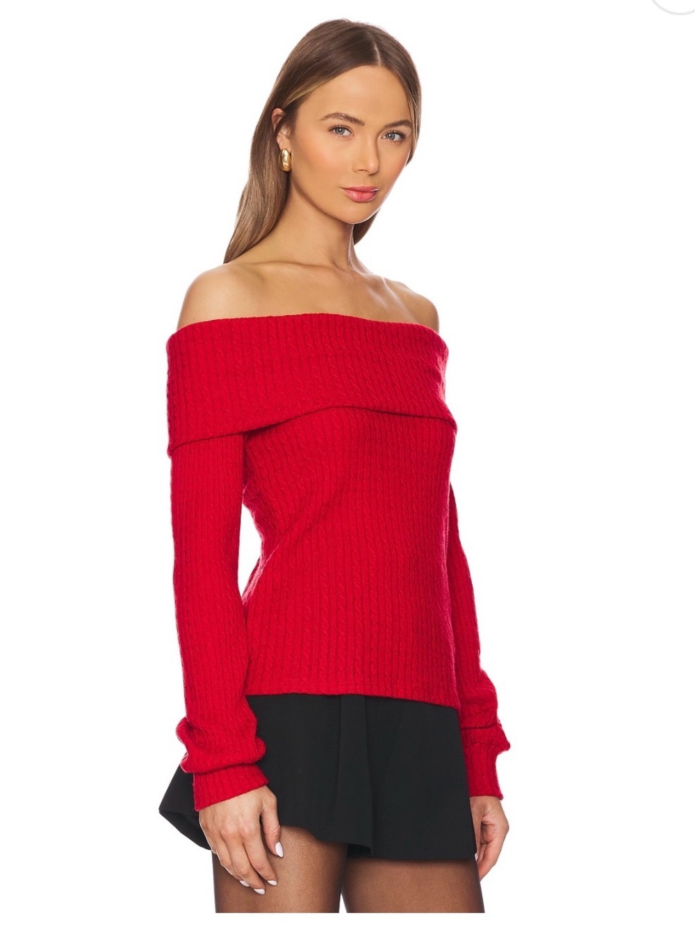 bobi Red Off-the-Shoulder Ribbed Sweater - Picture 2 of 4
